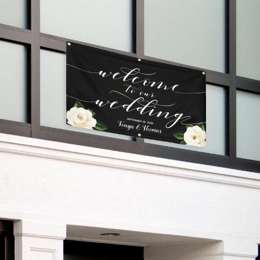 Witte Bloemen Pioenkalligrafie Welkom op onze brui Spandoek (Buitenkant Gebouw)