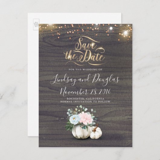 Witte Bloemen Pompoen Rustieke Herfst Save the Dat Aankondigingskaart (Voorkant / Achterkant)