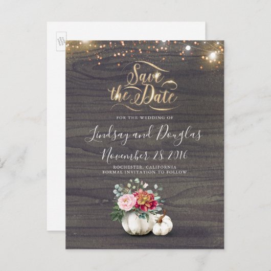 Witte Bloemen Pompoen Rustieke Herfst Save the Dat Aankondigingskaart (Voorkant / Achterkant)