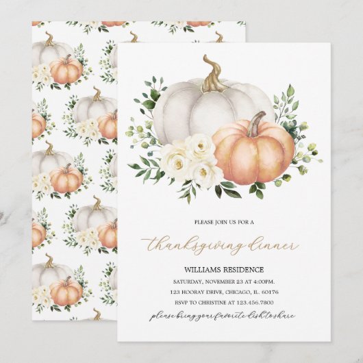 Witte Bloemen Pompoen Thanksgiving Diner Kaart (Voorkant / Achterkant)