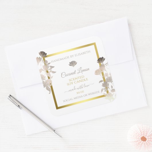 Witte Bloemen Product Verpakkingsetiketten Goud Li Vierkante Sticker (Envelop)
