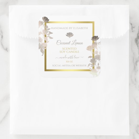 Witte Bloemen Product Verpakkingsetiketten Goud Li Vierkante Sticker (Tas)