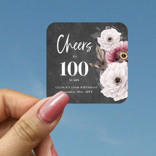 Witte Bloemen Proost op 100ste verjaardag Vierkante Sticker