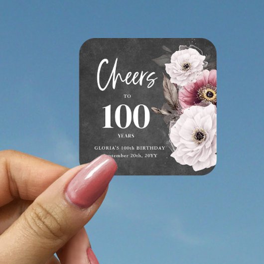 Witte Bloemen Proost op 100ste verjaardag Vierkante Sticker