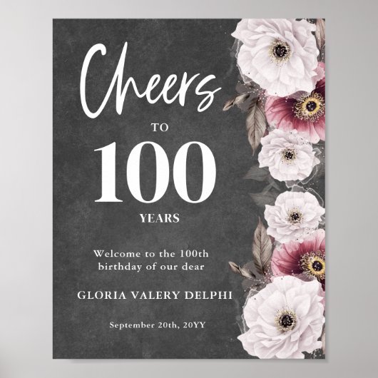 Witte Bloemen Proost op 100ste verjaardag Welkom Poster (Voorkant)