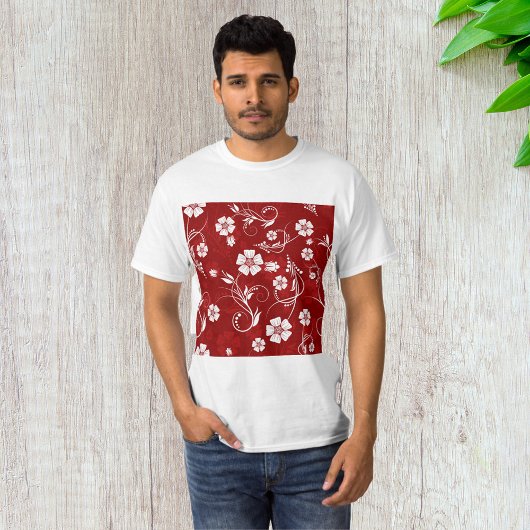 Witte bloemen rode achtergrond t-shirt