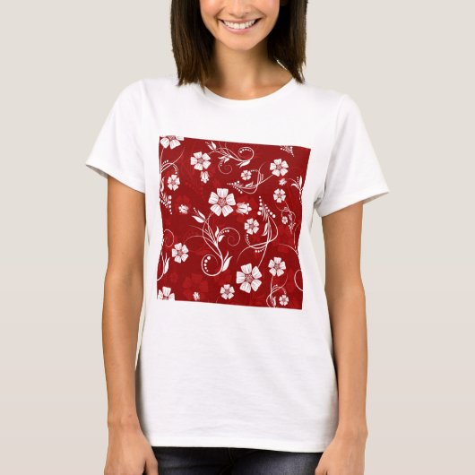 Witte bloemen rode achtergrond t-shirt (Voorkant)