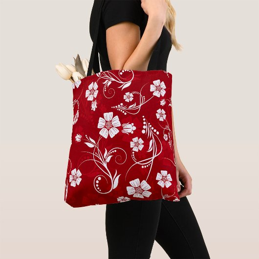Witte bloemen rode achtergrond tote bag