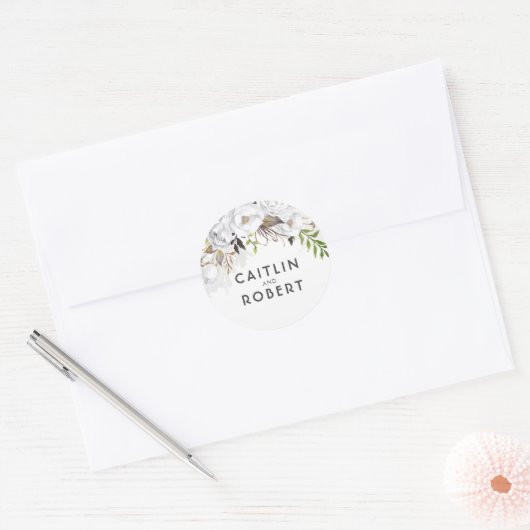 Witte bloemen ronde sticker (Envelop)