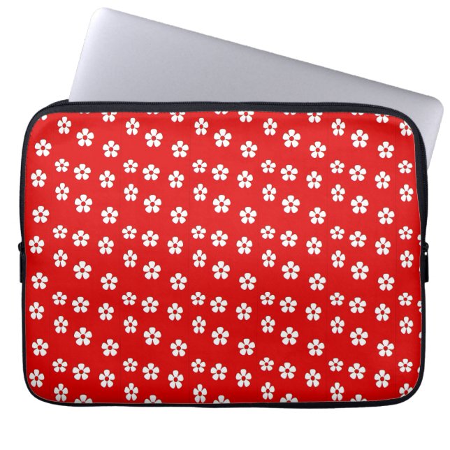 Witte bloemen rood laptop sleeve (Voorkant)