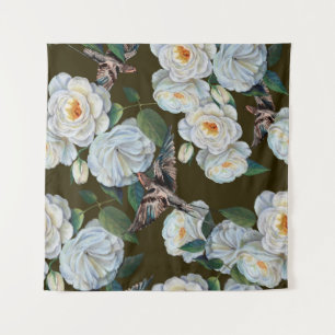 Witte bloemen roos met bladeren in pastel.  wandkleed