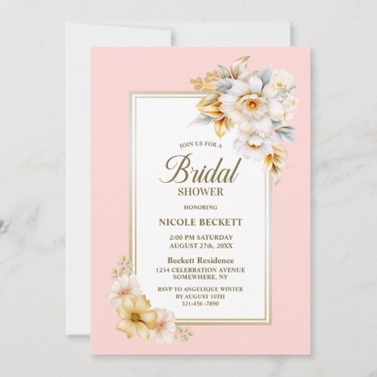 Witte Bloemen Roze Bruids Douche Uitnodiging (Voorkant)