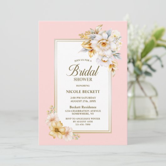 Witte Bloemen Roze Bruids Douche Uitnodiging (Staand voorkant)