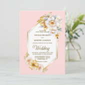 Witte Bloemen Roze Geometrische Huwelijk Kaart (Staand voorkant)