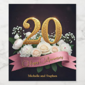 Witte Bloemen Roze Lint 20ste bruiloft Jubileum Wijn Etiket (Enkel label)