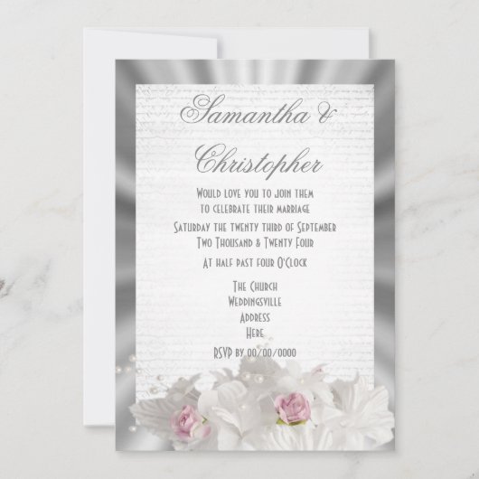 Witte bloemen roze roze roze roos op een zilvergri kaart (Voorkant)