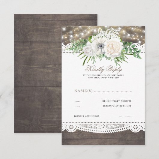 Witte Bloemen Rustieke Chique Bruiloft RSVP (Voorkant / Achterkant)