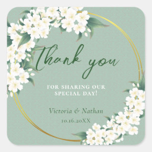 Witte Bloemen Salie Groen Wolk Patroon Gouden Cirk Vierkante Sticker