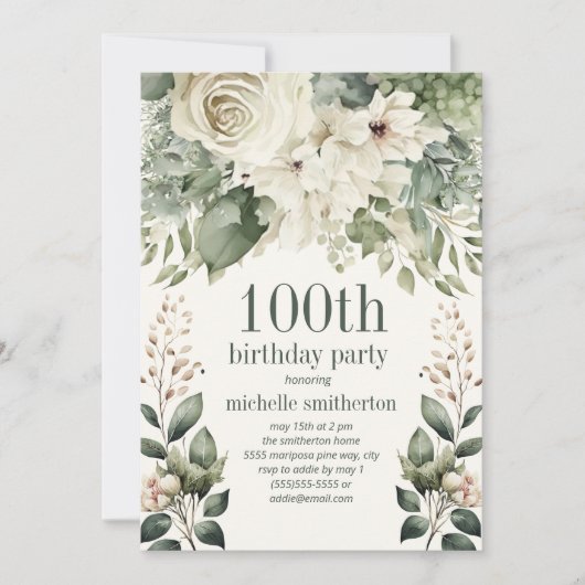 Witte Bloemen Salie Groene bladeren 100ste verjaar Kaart (Voorkant)