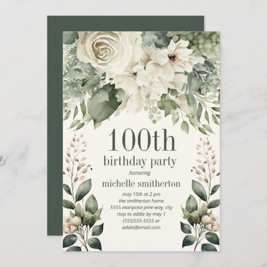 Witte Bloemen Salie Groene bladeren 100ste verjaar Kaart (Voorkant / Achterkant)