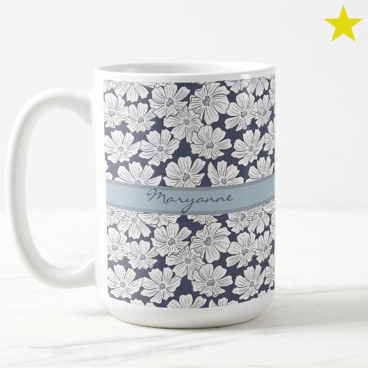 Witte Bloemen Schets Blauw Kleur Aangepaste Naam Koffiemok