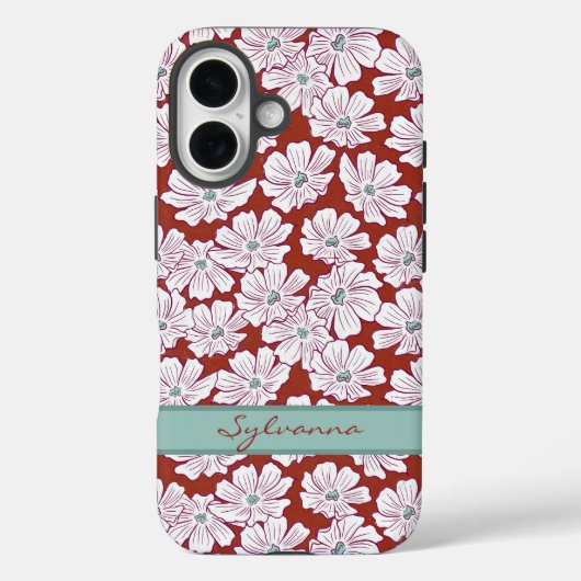 Witte Bloemen Schets Rode Teal Aangepaste Naam Case-Mate iPhone Case (Achterkant)