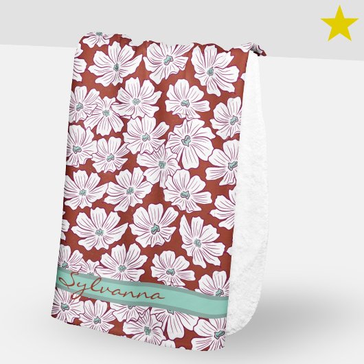 Witte Bloemen Schets Rode Turkoois Aangepaste Naam Sherpa Deken