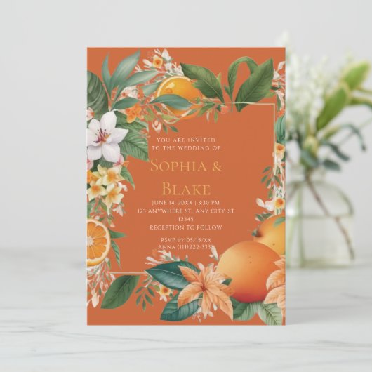 Witte bloemen, Sinaasappels en Grieks Oranje huwel Kaart (Staand voorkant)