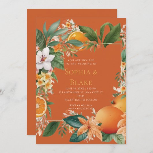 Witte bloemen, Sinaasappels en Grieks Oranje huwel Kaart (Voorkant / Achterkant)