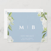 Witte Bloemen Sky Blue Bruiloft Save the Date Briefkaart (Voorkant / Achterkant)