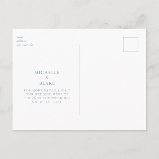 Witte Bloemen Sky Blue Bruiloft Save the Date Briefkaart (Achterkant)