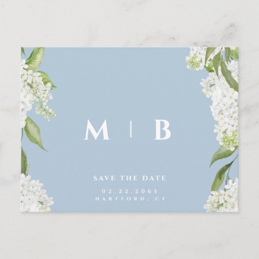 Witte Bloemen Sky Blue Bruiloft Save the Date Briefkaart (Voorkant)