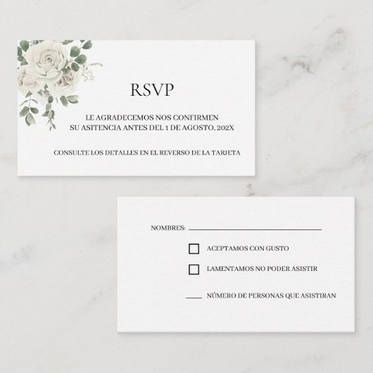 Witte Bloemen Spaans Bruiloft RSVP Kaart (Voorkant / Achterkant)