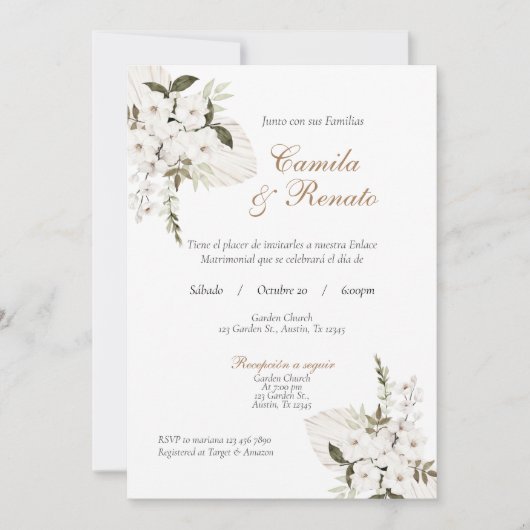 Witte Bloemen Spaanse bruiloft uitnodiging (Voorkant)