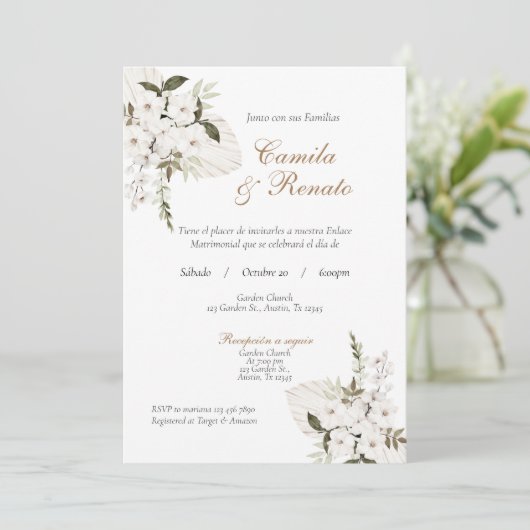 Witte Bloemen Spaanse bruiloft uitnodiging (Staand voorkant)