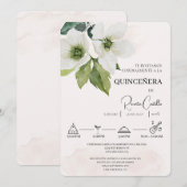 Witte Bloemen Spaanse quinceañera Uitnodiging (Voorkant / Achterkant)