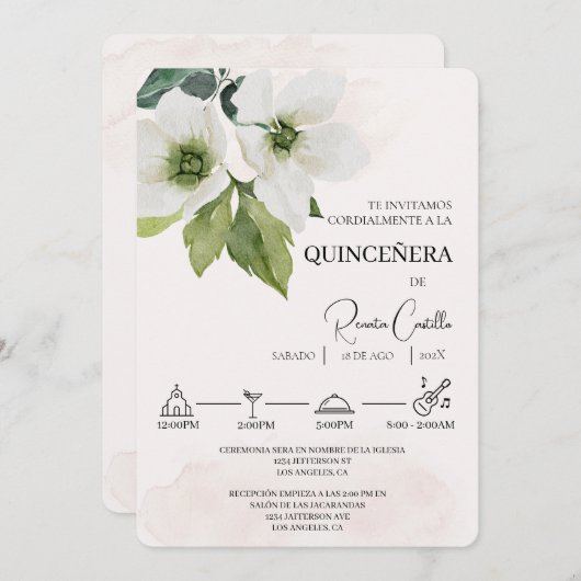 Witte Bloemen Spaanse quinceañera Uitnodiging (Voorkant / Achterkant)