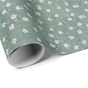 Witte Bloemen Stoffig Groen Cadeaupapier