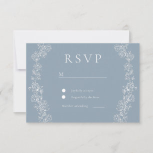 witte bloemen stoffige blauwe krans bruiloft RSVP kaartje
