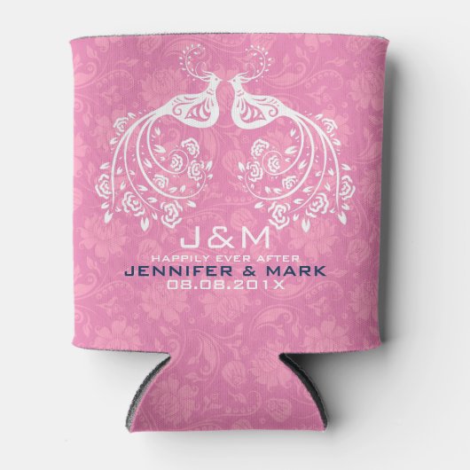 Witte Bloemen Tortelduifjes Roze Damasks Achtergro Blikjeskoeler (Voorkant)