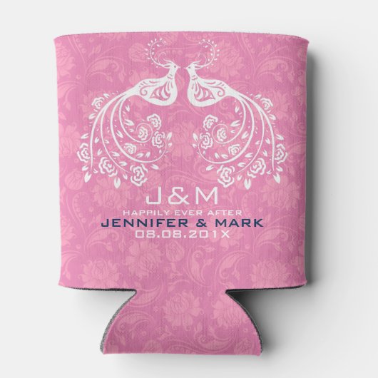 Witte Bloemen Tortelduifjes Roze Damasks Achtergro Blikjeskoeler (Achterkant)