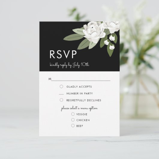 Witte Bloemen Trouwlente, RSVP Menu Kaart (Staand voorkant)