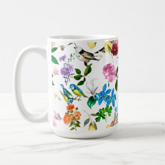 Witte bloemen, vogels, bijen, citroenen, vlinders koffiemok (Links)