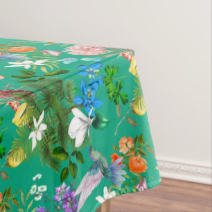 Witte bloemen, vogels, bijen, citroenen, vlinders tafelkleed