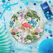 Witte bloemen, vogels, flamingo, bijen, papieren bordje (Feest)