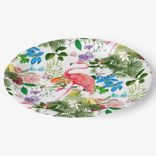 Witte bloemen, vogels, flamingo, bijen, papieren bordje (Gekanteld)