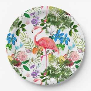 Witte bloemen, vogels, flamingo, bijen, papieren bordje