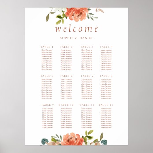 Witte Bloemen Waterverf 12 Tafel Bruiloft Poster (Voorkant)