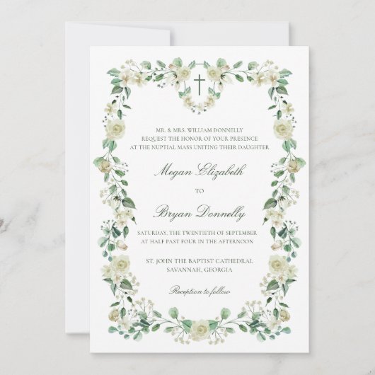Witte Bloemen Waterverf Crest Katholieke Bruiloft Kaart (Voorkant)