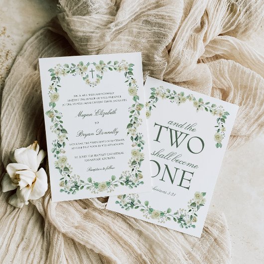 Witte Bloemen Waterverf Crest Katholieke Bruiloft Kaart